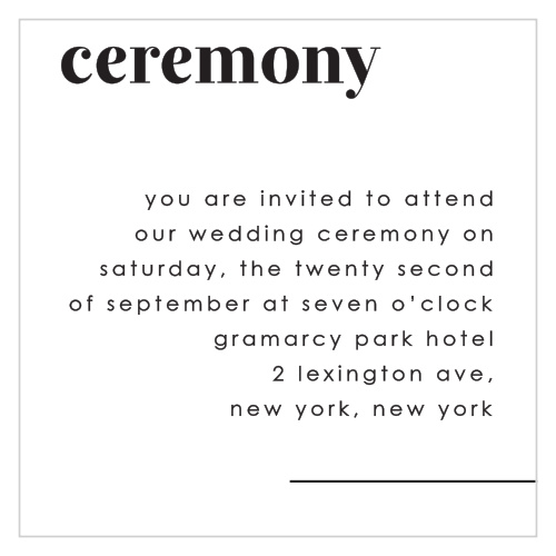 Our Mod Type Ceremony Cards utilize the same gorgeous design and color scheme as several other cards in the Mod Type wedding suite.