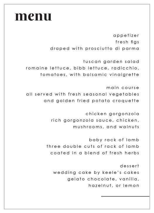 No matter what you’re serving, make your guests’ mouths water with our Mod Type Wedding Menus. 
