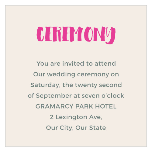 Our Bright Lettering Ceremony Cards utilize the same gorgeous design and color scheme as several other cards in the Bright Lettering wedding suite.