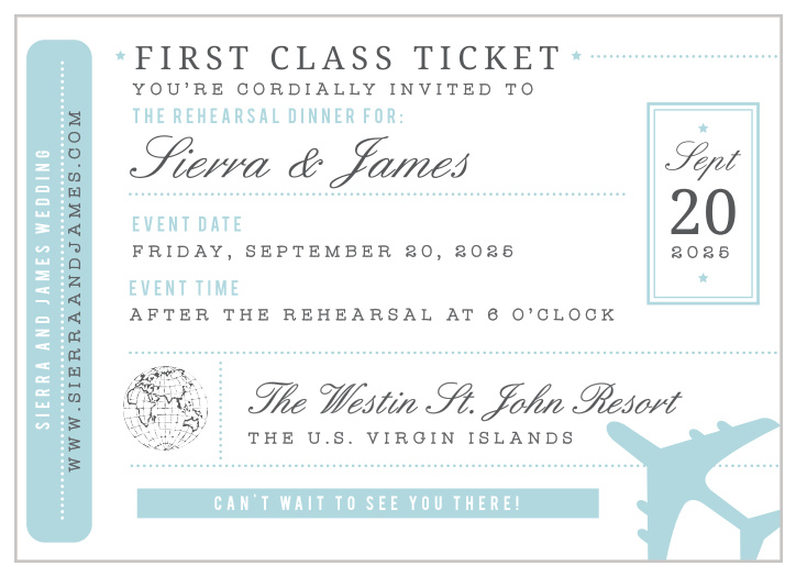 No matter how far your guests need to travel to be there, be sure they will with our gorgeous Bon Voyage Rehearsal Dinner Invitations.