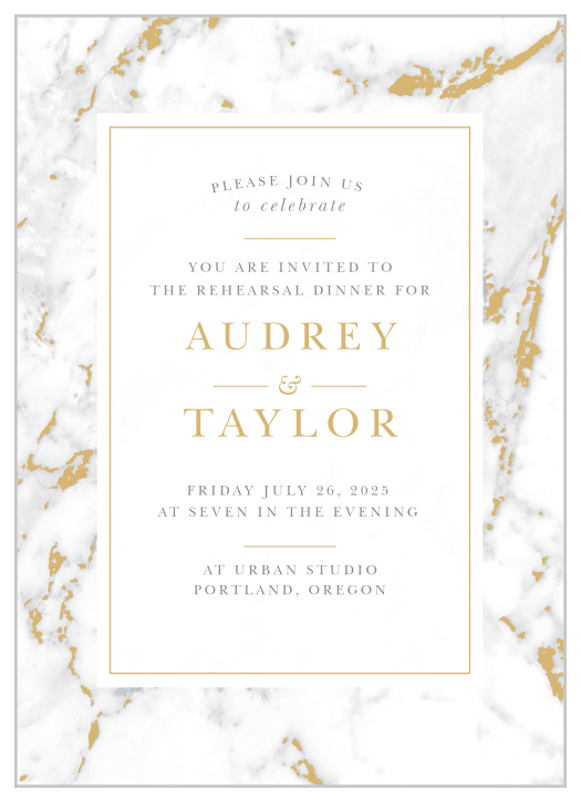Design your invites with the cultivated sophistication of the Cool Marble Rehearsal Dinner Invitations.