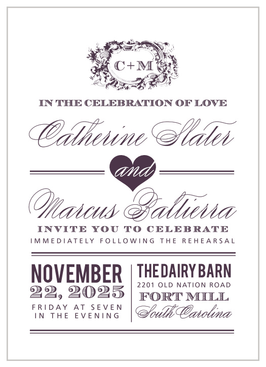 Our Style and Grace Rehearsal Dinner Invitations are perfect for gathering your friends and family together for a wedding test run.