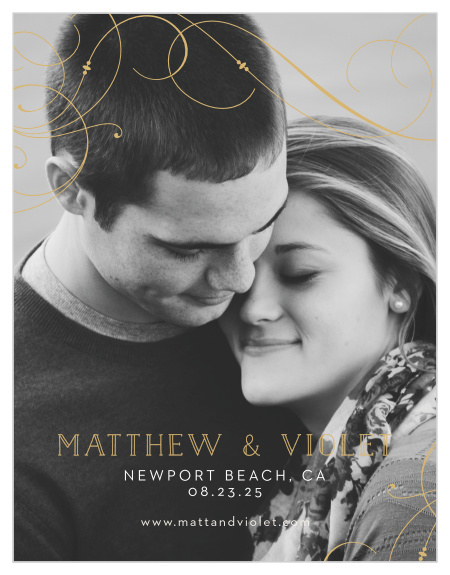 Large, flowing swirls glide gracefully across the top of your engagement photo for our Shining Swirls Save-the-Date Cards.