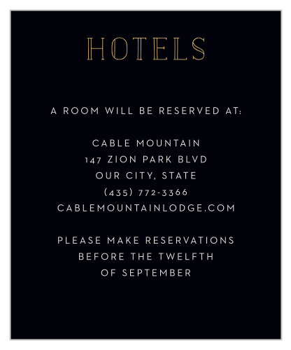 A vintage type, done up in our raised gold foil is contrasted against a rich black background for our Shining Swirls Accommodation Cards.
