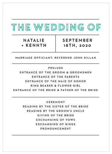 Our Bold Outline Wedding Programs utilize the same gorgeous design and color scheme as several other cards in the Bold Outline wedding suite