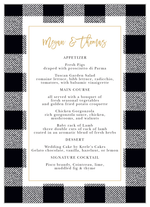 Our Rustic Plaid Wedding Menus utilize the same gorgeous design and color scheme as several other cards in the Rustic Plaid wedding suite.
