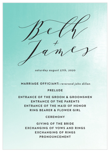 Our Ocean Spray Wedding Programs utilize the same gorgeous design and color scheme as several other cards in the Ocean Spray wedding suite.