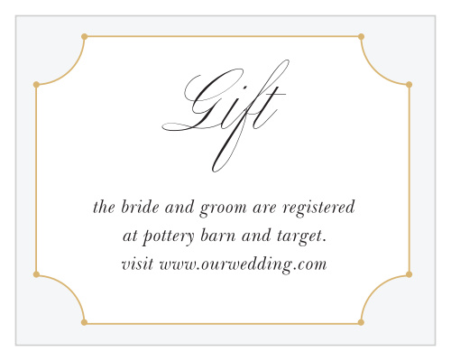 Our New Deco Frame Registry Cards feature an ecru grey frame, decorated by a gold foiled outline.