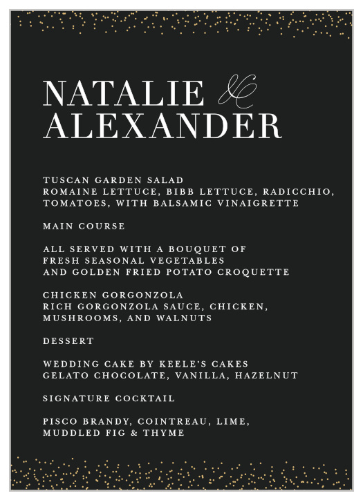 Our Luminous Sparkles Wedding Menus utilize the same gorgeous design and color scheme as several other cards in the Luminous Sparkles wedding suite.