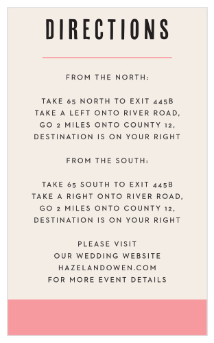 Our Color Block Direction Cards utilize the same gorgeous design and color scheme as several other cards in the Color Block wedding suite.