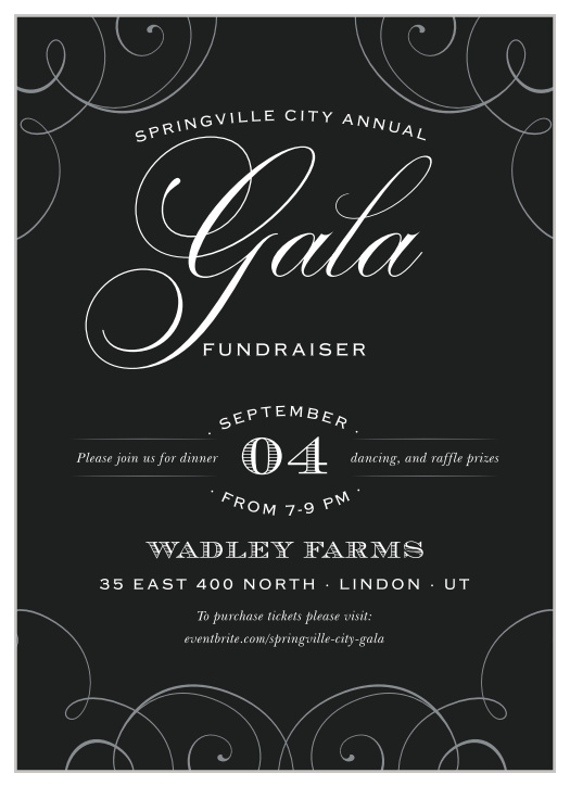 Celebrate the night away with our stunning Flourish Frame Gala Invitations. 