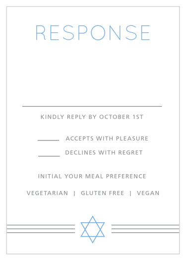 Our Simply Classic Bar Mitzvah Response Cards give you the opportunity to tally up all of your guests, as well as their individualized needs. 