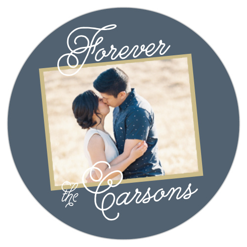 Protect your venue's tables and send your guests home with a beautiful gift- our Gilded Frame Coasters feature a swirling calligraphy, a delicately bordered photo adorning their center, and a soft blue background.