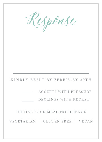 A curling calligraphy tops our Romantic Script Bat Mitzvah Response Cards in green juniper, while an elegant print spells out the information you need from your guests in a soft gray.