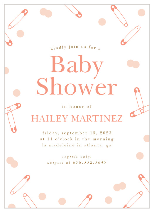 Our Minimalist Confetti Baby Shower Invitations are decorated with a frame of confetti and safety pins.
