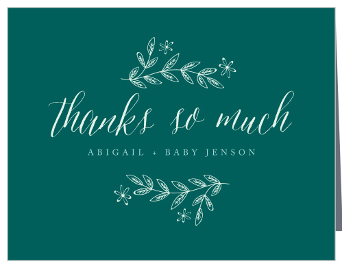 Your gratitude is written out in an elegant sea spray green script atop a voyage colored background.