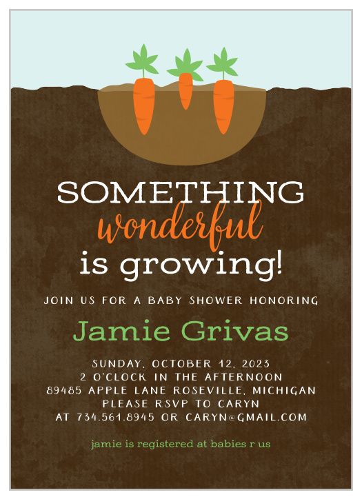 Watch your guest list grow as quickly as the newest member of your family with our Growing Garden Baby Shower Invitations.