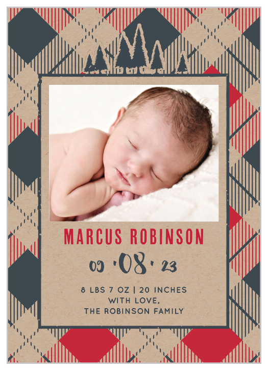 Our Lil' Lumberjack Birth Announcements frame your newborn in warmth and adventure. 