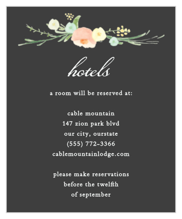 Recommend only the best for your guests with our Shaded Garden Accommodation Cards. A cool, stormy-gray background creates a gorgeous contrast for the white text and pastel florals that decorate the page. With the details of your recommendation written in a clean and classic print, you can be sure that your guests have all the information they need to be comfortable.
