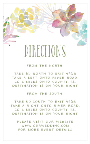 Rainbow hued, watercolor succulents make up our Succulent Wreath Direction Cards.