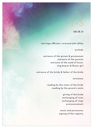 A heavily saturated pink, teal and indigo are blended together atop an exposed canvas for our Love Hues Wedding Programs.