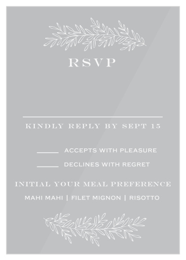 Our Vintage Greenery Clear Response Cards feature an elegant calligraphy that leads to your guests' RSVP details, which are framed by outlined laurels.