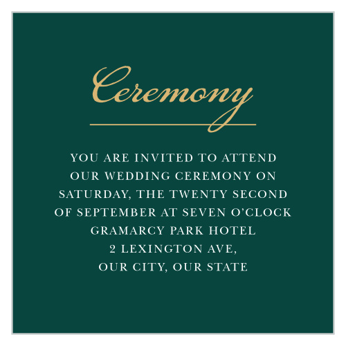 Amaryllis Bouquet Ceremony Cards are a gorgeous way to guarantee the perfectly intimate ceremony of your dreams. A lovely green forms the background, offering a lovely contrast to the gold-foil script and white print spelling out the details.