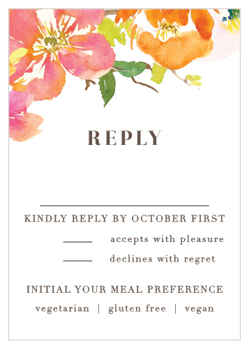 Our beautiful Colorful Garden Response Cards feature brightly colored, tropical flowers that are delicately draped atop your response details.