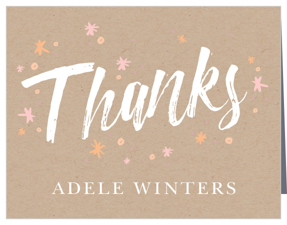 Kraft Cheers Adult Birthday Thank You Cards give you the style and space you need to fully express your appreciation toward your guests. A swirling calligraphy is centered on the card and surrounded by falling bits of fireworks and confetti, catching their eye before drawing it down to your name in an elegant print.