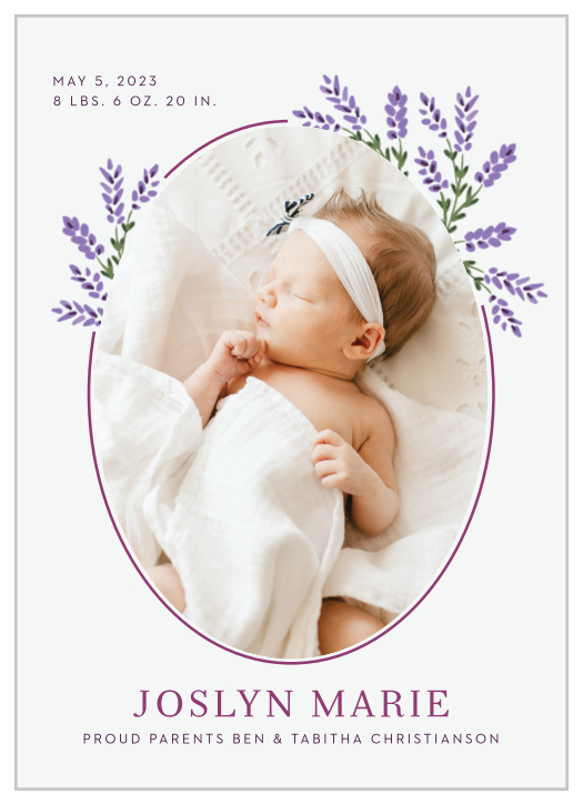 Let your love show with our Lavender Blooms Birth Announcements.