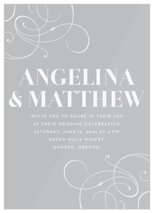 Boldly state your names and event details amidst large, swirling, victorian accents for our Bold Swash Clear Wedding Invitations.