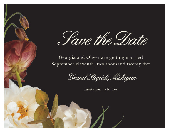 Make a spot on everyone’s calendar with our Romantic Flowers Wedding Save the Date Cards.
