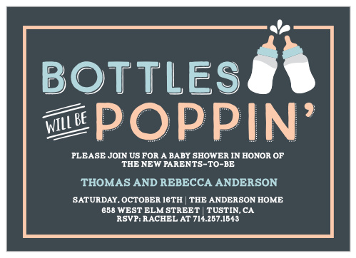 Two baby bottles join for a "cheers!" on our Poppin' Bottles Baby Shower Invitations!