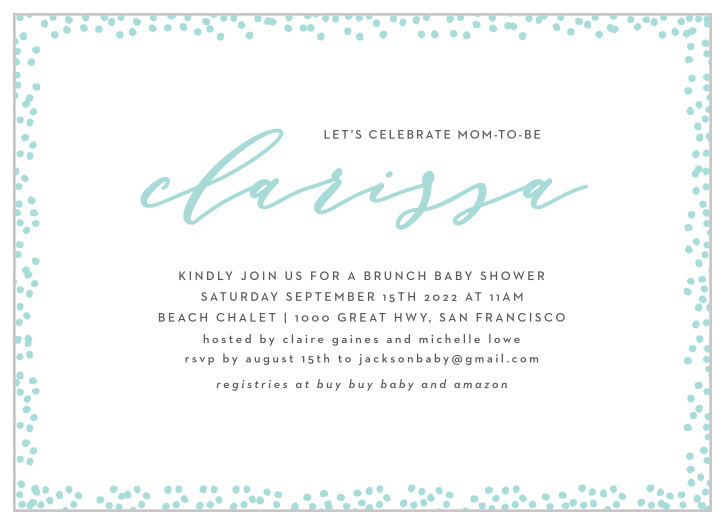 Surround yourself with your friends and family using the gorgeous glass-blue design of our Speckled Dots Baby Shower Invitations.