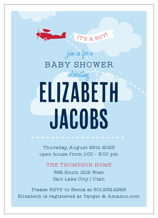 Our Airplane Banner Baby Shower Invitations feature darling illustrations of a vintage, cardinal red plane flying across a soft blue sky towing a banner that shows if you are having a little boy or a little girl!