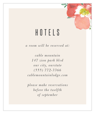 Our Spring Rose Accommodation Cards feature a bright white border that is decorated with colorful hibiscus flowers, and a pearl colored text background that is reminiscent of sand.