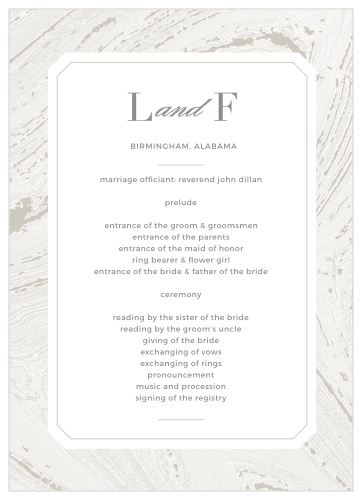 Design programs with the same dignified beauty of your wedding stationery using the Marbled Paper Wedding Programs.