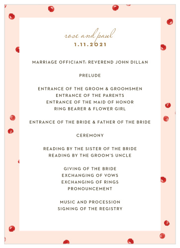 Winter Berries Wedding Programs walk your guests through each moment of your wedding ceremony while you take each step down the aisle. Beautiful bundles of bright winterberries decorate the top and bottom borders of the card, forming a gorgeous border for the bright red and green text that spells out the details. 