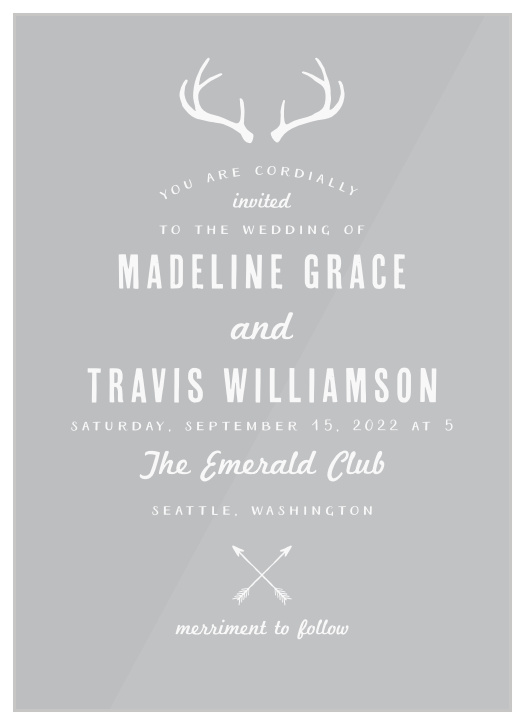 Our Rustic Antlers Clear Wedding Invitations are adorned with illustrations of antlers and crossing arrows.