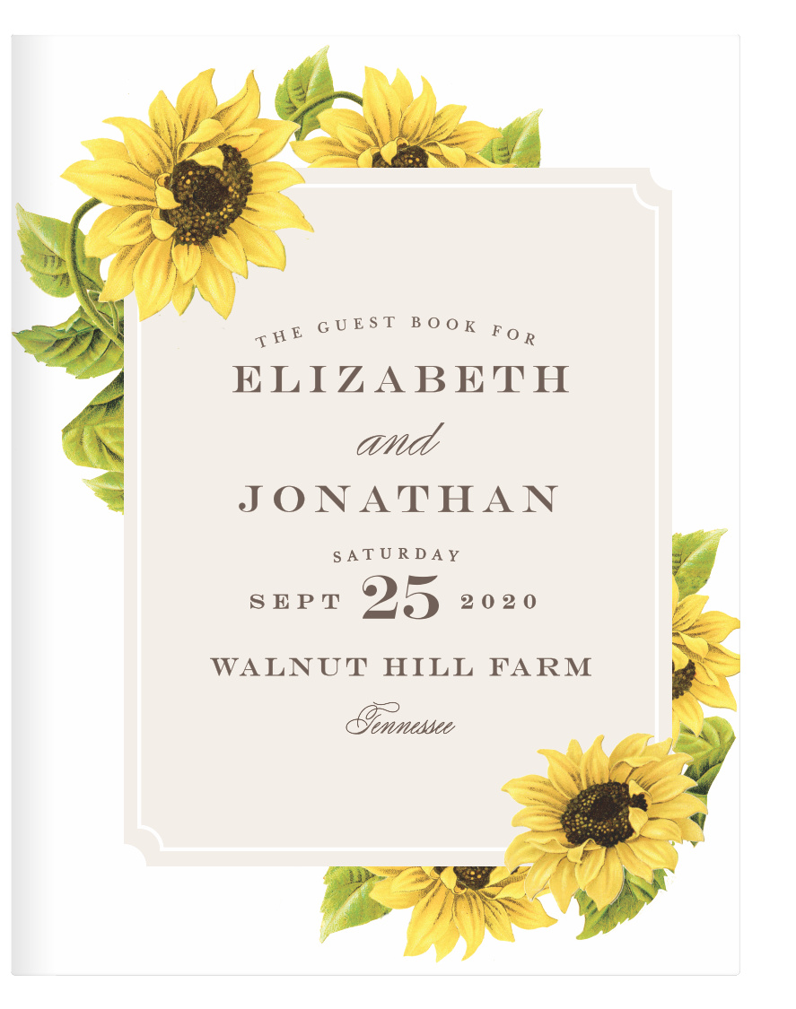 Our gorgeous Sunflower Frame Guest Books feature bright sunflowers that decorate the ticket shaped text frame that houses the details of the day in lovely typography.