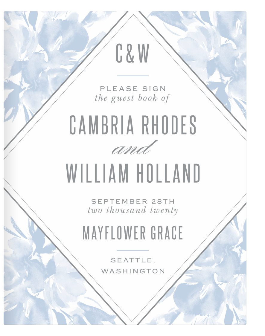 Our gorgeous Subtle Fleuriste Guest Book features stunning blooms that highlight the background in light-blue, while your details are spelled out in the center of a diamond using a clean-cut print and swirling calligraphy.