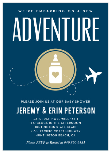 Let your excitement take flight with our New Adventure Baby Shower Invitations.