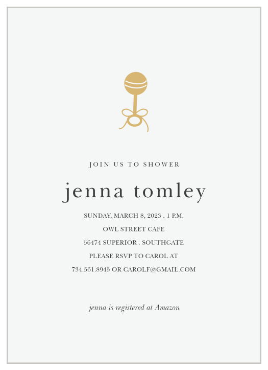 Our Golden Rattle Baby Shower Invitations feature a simple design that makes a big impact.