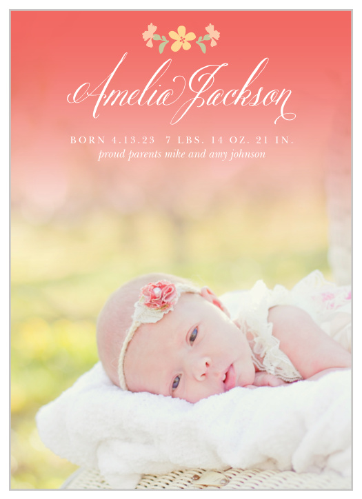 Our Spot of Tea Birth Announcements utilize the same gorgeous design elements as our Spot of Tea invites, but this time with a photo of your newborn taking front and center stage. A looping calligraphy spells out their name above in elegant detail, leaving a thin, classic print for the other specifics of their arrival.