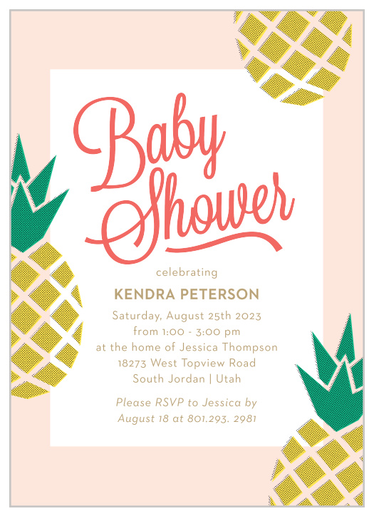 Our Pineapple Paradise Baby Shower Invitations utilize the latest in printing to bring a pop of color and a fresh look for your luau or poor shower.