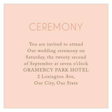 Our Dawn Flowers Ceremony Cards features a modern, thin-lined text that is colored in our lovely rose gold foil, atop a ballet colored background!