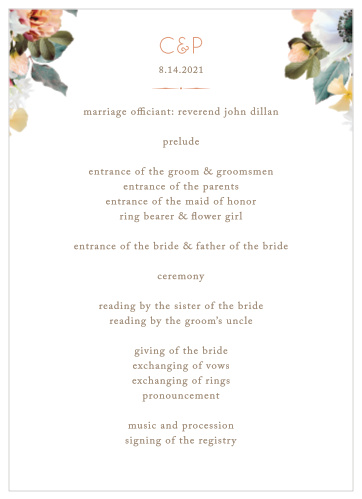 Our Dawn Flowers Wedding Programs are adorned by vivid floral arrangements in gorgeous peachy tones atop a traditional white backdrop.