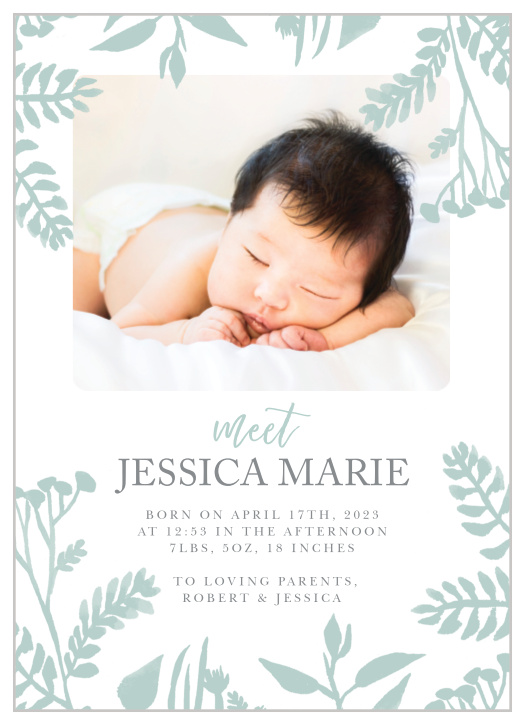 If you're looking for a hand-made feel for your announcements, look no further than our Painted Botanicals Birth Announcements.