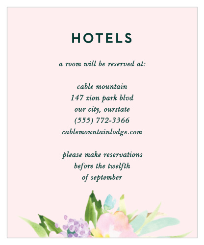 Our Citrus Flowers Accommodation Cards are designed with simplicity in mind, but still feature a touch of romance with a pale pink background adorned with a pastel bouquet.