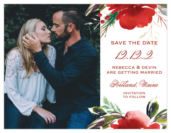 The focus of our breathtaking Christmas Pine Save-the-Date Magnets is, as it should be, the two of you. Your choice of photo adorns the lefthand side of the magne, complemented by all the details of your big day in swirling red typefaces. With a duo of red florals to border your text along the top and bottom, these magnets are as stunning as they are useful.